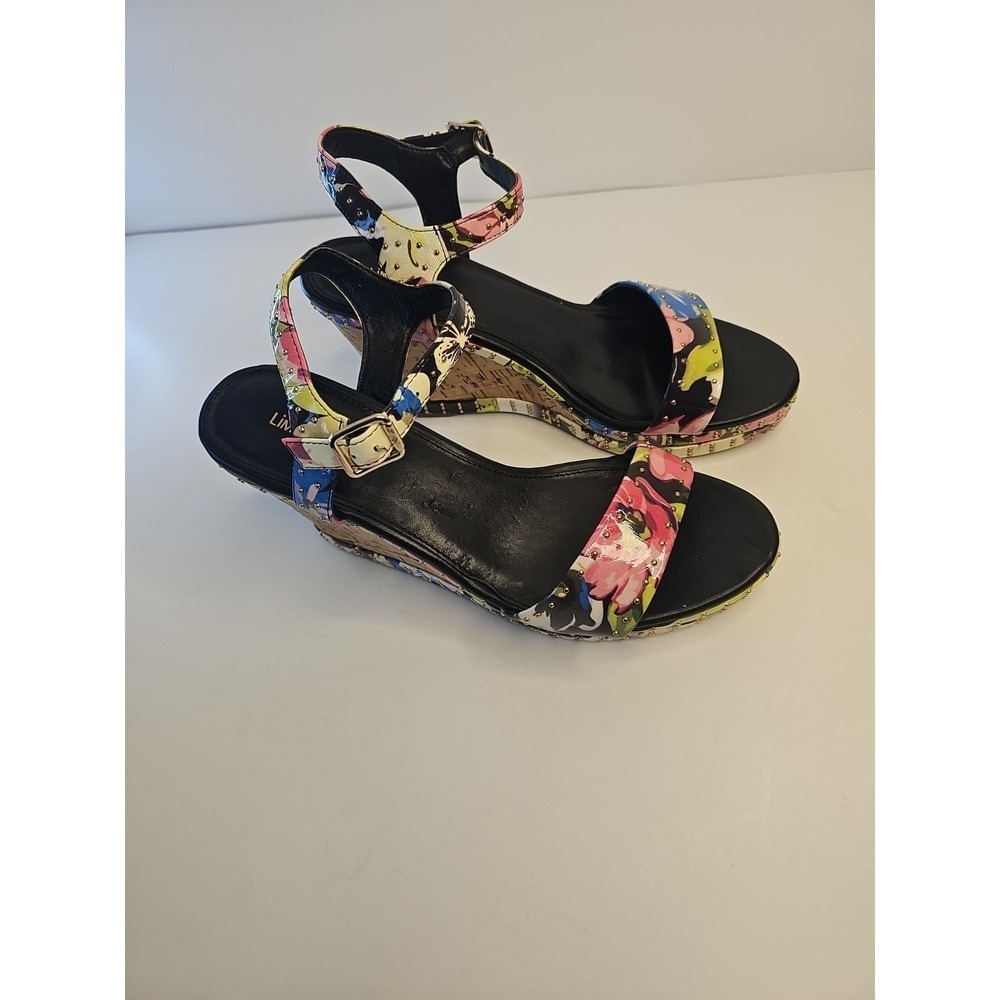Limelight Wedge Cork Heels 9.5 Summer Bright Floral W Tiny Brass Studs Buckles